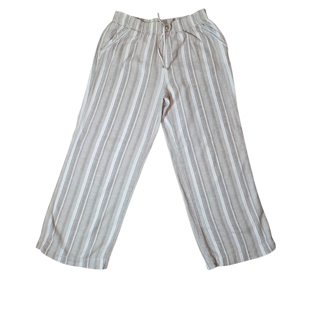 Briggs Women's Linen Blend Wide Leg Pants Size L Beige Striped Elastic Waist Sum